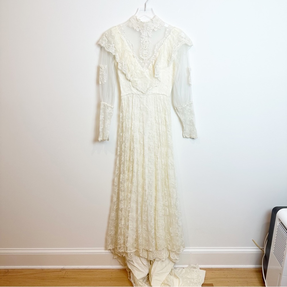 Bridallure Gowns | Beautiful 70's Vintage Lace High Neck Wedding Gown with Train